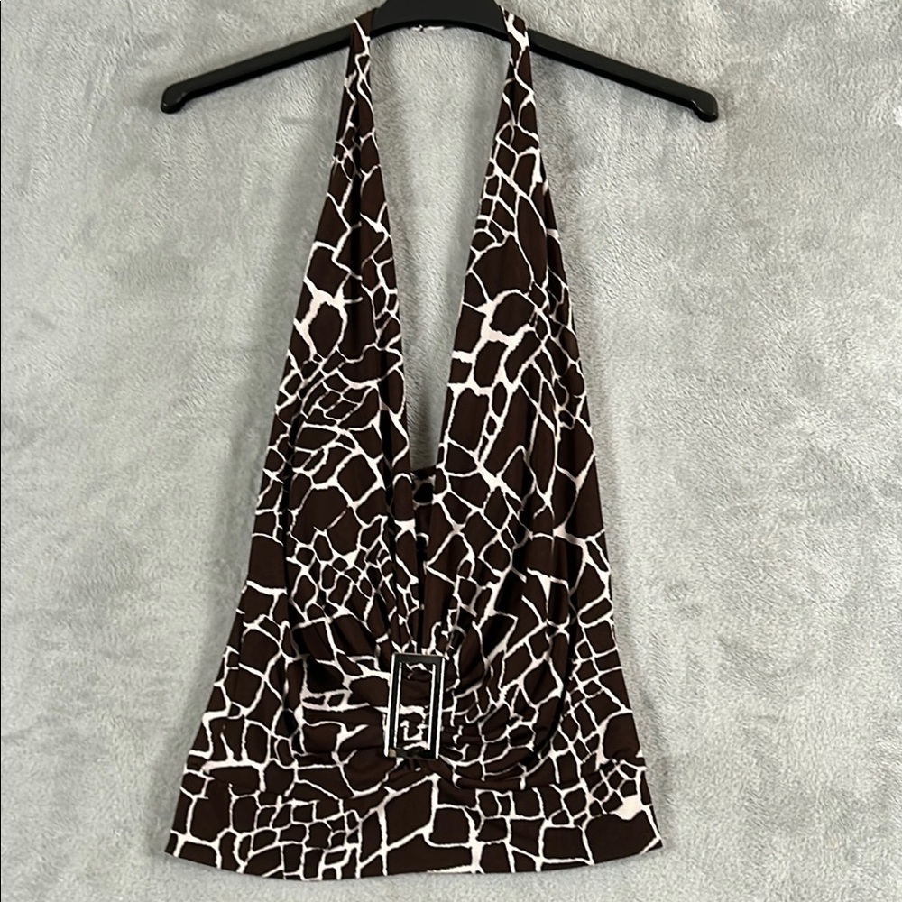 Y2K vintage brown animal print V-neck halter top size L